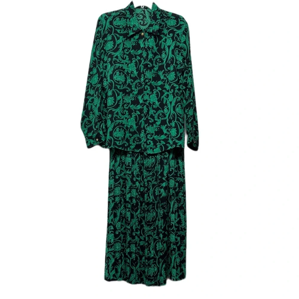 Vintage Leslie Fay Emerald Paisley Maxi Skirt Set with Long Sleeve Blouse